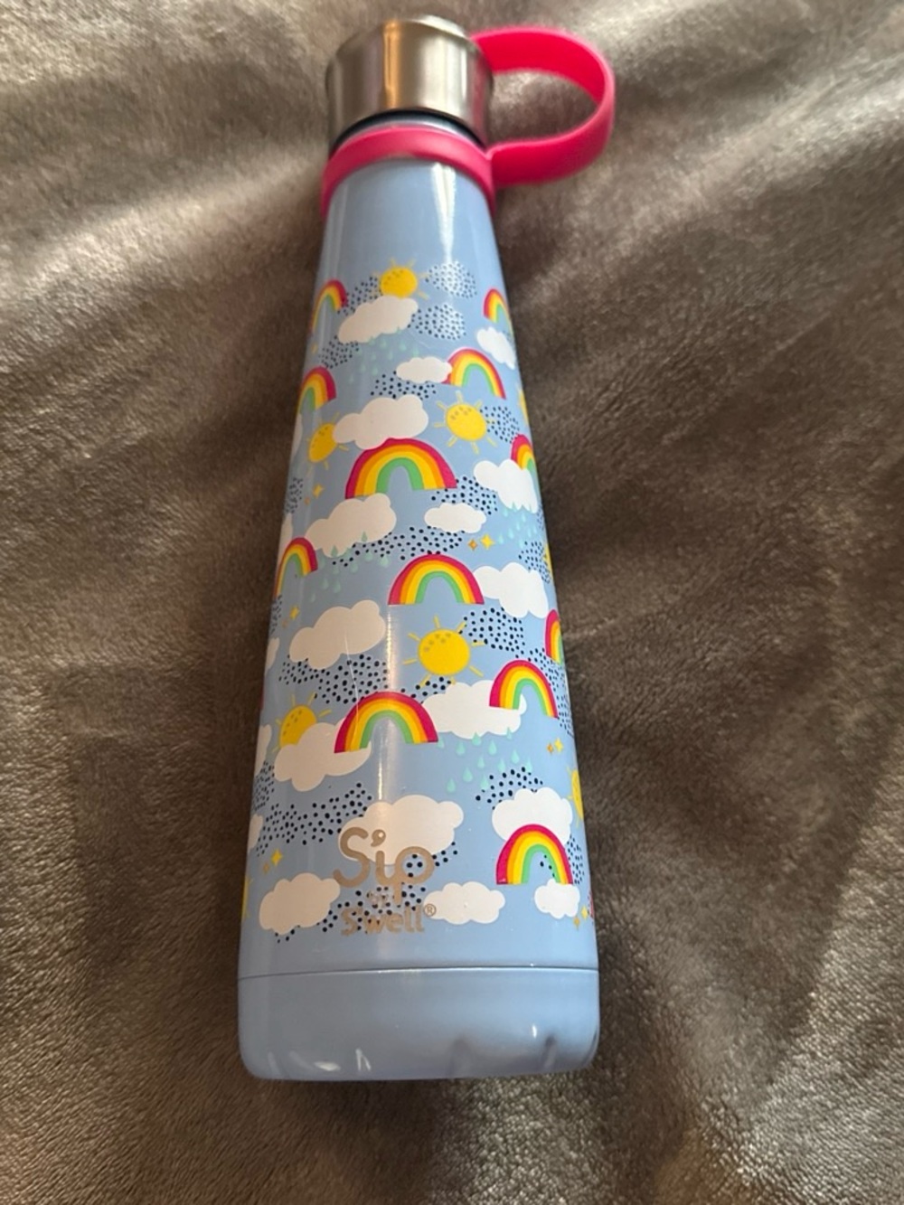 Swell Light Blue Stainless Steel Bottle with Pink Carry Loop and Rainbow Print